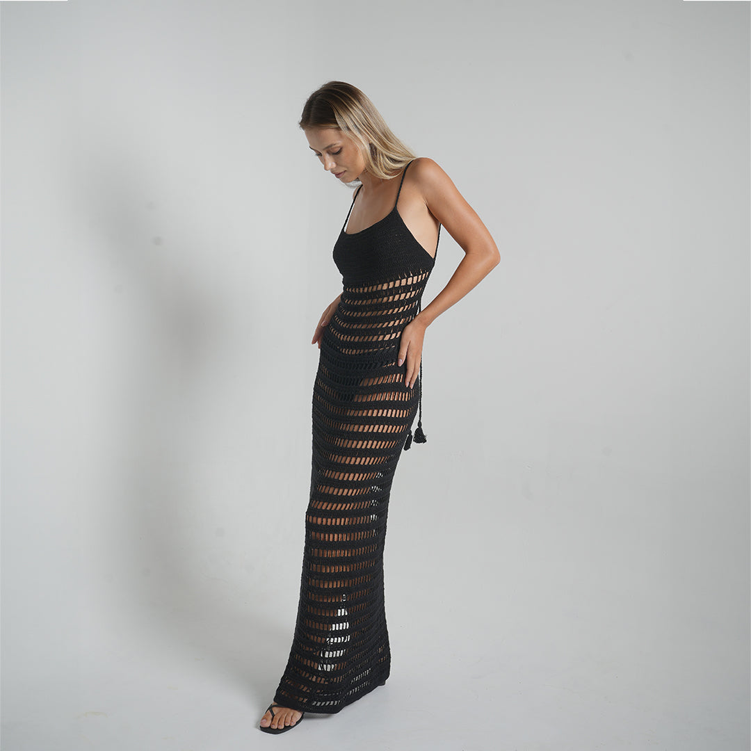 Olympia Crochet Maxi Dress in Black