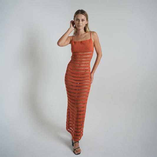 Olympia Crochet Maxi Dress in Terracotta