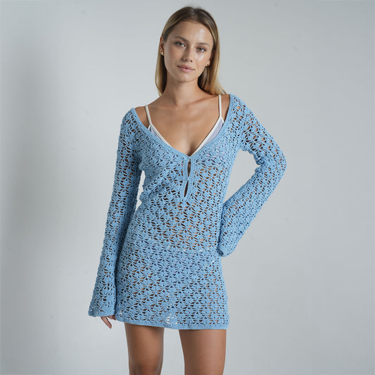 Savannah Crochet Mini Dress in Blue